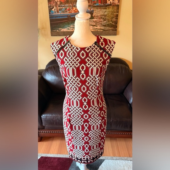 Karin Steven’s Women’s Dress Size 6 Red And White Geometric Pattern Sleeveless - Picture 1 of 16